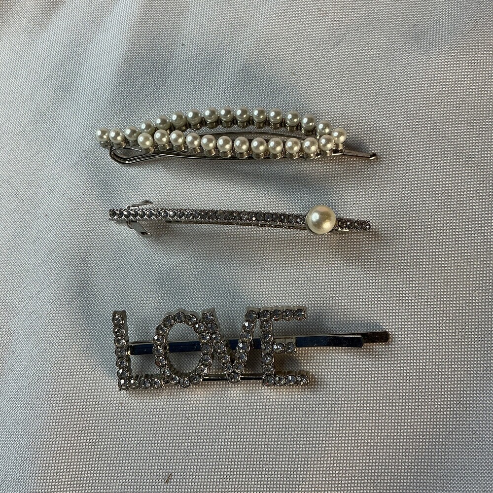 ★ Pearl Rhinestone LOVE Hair Clip Barrette Set Silver Tone Glam Accessories
